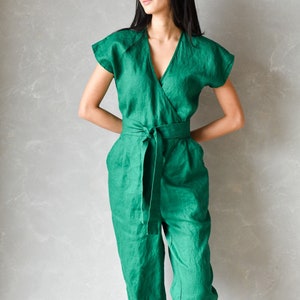 Emerald Green Linen Jumpsuit, Wrap Jumpsuit Women,  Plus Size Linen Overalls, Linen Romper JULY, Kimono Boho Jumpsuit