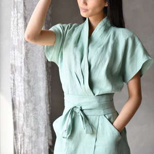 Leinen Kimono Kleid, Leinen Wickelkleid, Leinen Sommerkleid DAHLIA, Leinen Sonnenkleid, Leinen Grünes Kleid