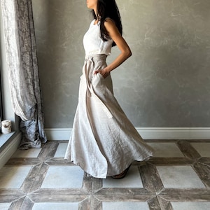 Falda larga de lino con bolsillos, falda cruzada de lino, falda maxi de lino, falda bohemia de verano, falda circular de lino, falda cruzada, falda amplia DOROTHY