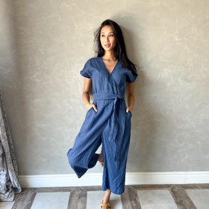 Blue Linen Jumpsuit, Wrap Overalls Women, Harem Palazzo Jumpsuit, Plus Size Linen Jumpsuit, Japanese Jumpsuit AUGUST, Linen Jumpsuits Women