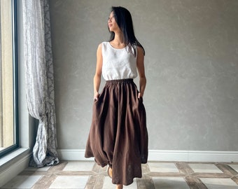 Long Linen Skirt with Elastic Waist, High Waisted Skirt, Linen Maxi Skirt with Pockets ABIGAIL, Plus Size Maxi Skirt