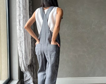 Gray Linen Jumpsuit, Sleeveless Womens Jumpsuit, Plus Size Linen Overalls, Linen Dungarees, Boho Harem Jumpsuit JUNE, Linen Clothes Women