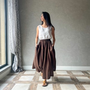 Long Linen Skirt With Elastic Waist, High Waisted Skirt