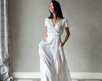 Linen White Dress, Long Linen Wrap Dress, Linen Caftan Dress, Summer Maxi Dress VALENTINA, Alternative Wedding Dress, Plus Size Linen Dress