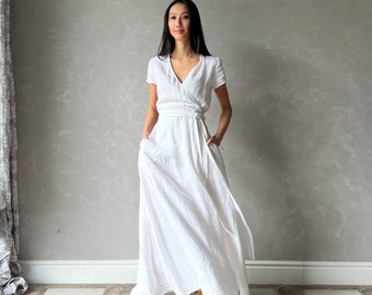Linnen witte wikkeljurk, bescheiden Boho trouwjurk, plus size linnen jurk, linnen kaftan jurk, Boho Maxi jurk VALENTINA