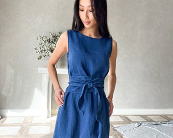 Robe en lin bleue, Robe portefeuille en lin, Robe multipositions en lin, Robe kimono japonaise, Robe convertible en lin DAPHNE, Robe d'été sans manches