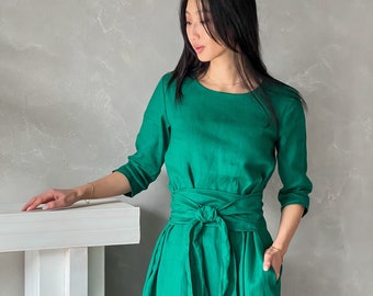 Robe multivoies en lin, Robe portefeuille en lin, Robe convertible en lin, Robe japonaise en lin MIKA, Robe vert foncé, Robe longue en lin