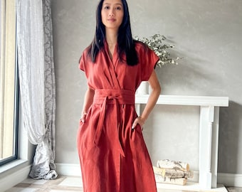 Robe kimono japonaise en lin, Robe portefeuille en lin, Robe longue en lin, Robe en lin grande taille EILEEN, Robe longue en lin, Robe romantique d'été