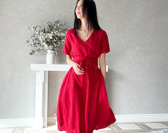 Cherry Red Linen Dress, Linen Wrap Dress, Linen Swing Dress, Linen Summer Dress  EDITH, Linen Sun Dress, Plus Size Linen Clothing