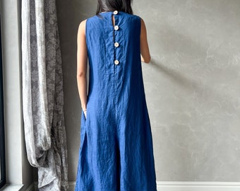 Palazzo Jumpsuit Leinen, Blaue Leinen Latzhose, Harem Leinen Overall, Sommer Jumpsuit JANE ärmellos, Leinen Romper Damen