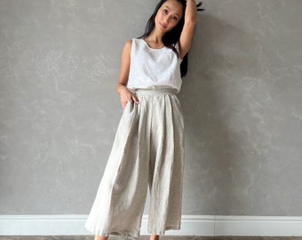 Linen Pants Women, Natural Beige Linen Trousers, Palazzo Japanese Pants, Harem Pants Women, Wide Leg Linen Trousers PORTIA