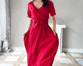 Summer Linen Midi Dress, Linen Wrap Dress, Linen Romantic Dress, Linen Dress Plus Size EDITH, Plus Size Linen Clothing, Red Linen Dress