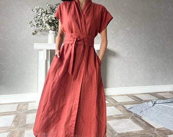 Robe kimono en lin, Robe portefeuille en lin, Robe japonaise en lin, Robe nouée à la taille en lin EILEEN, Robe soleil en lin, Vêtements en lin