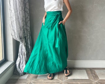 Long Linen Wrap Skirt, Maxi Linen Skirt, Victorian Skirt, Plus Size Maxi Skirt DOROTHY, Boho Maxi Skirt with Pockets