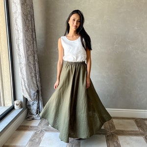 Maxi Leinenrock mit Taschen, Langer Boho Rock, Plus Größe Tellerrock, Leinen Sommerrock, Hoch taillierter Rock, Leinen Rock ABIGAIL