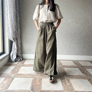 Linen Wide Leg Pants, Linen Palazzo Pants, Linen Trousers Women, Japanese Pants ELISE in maxi length, Plus Size Khaki  Green Pants