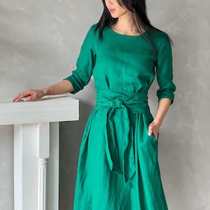 Linen Multiway Dress, Linen Wrap Dress, Emerald Green Convertible Dress, Linen Japanese Dress MIKA, Loose Linen Dress, Linen Clothes
