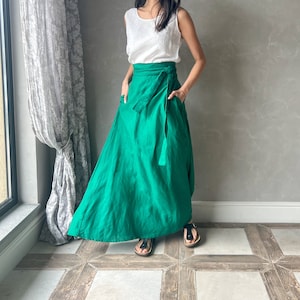 Falda larga cruzada de lino, falda maxi de lino, falda victoriana, falda maxi de talla grande DOROTHY, falda maxi boho con bolsillos