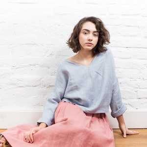 Leinenbluse mit V Ausschnitt LEAH, Leinenoberteil, Leinenhemd, Leinenkleider