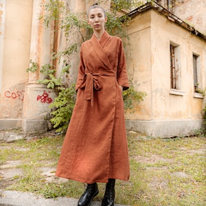 Langes Leinen Wickelkleid NORA / Leinen Kimono Wickelkleid / Leinen Bekleidung für Damen
