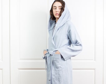 Linen robe with hood, linen bathrobe, bathrobe women, kimono robe