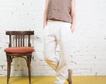 Damen Leinenhose Frau SABRINA / Pantalon lin / Weiße Leinenhose Damenbekleidung