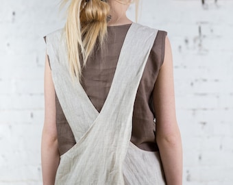 Cross back apron with pockets/ Plus size linen pinafore apron / Criss cross apron for women