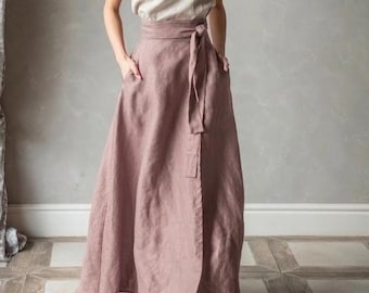 Gonna lunga a portafoglio in lino: gonna lunga estiva color cipria, DOROTHY