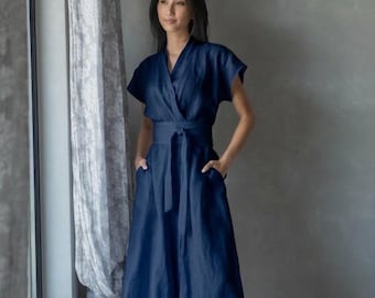 Robe kimono portefeuille en lin, robe longue bleu marine, grande taille : EILEEN