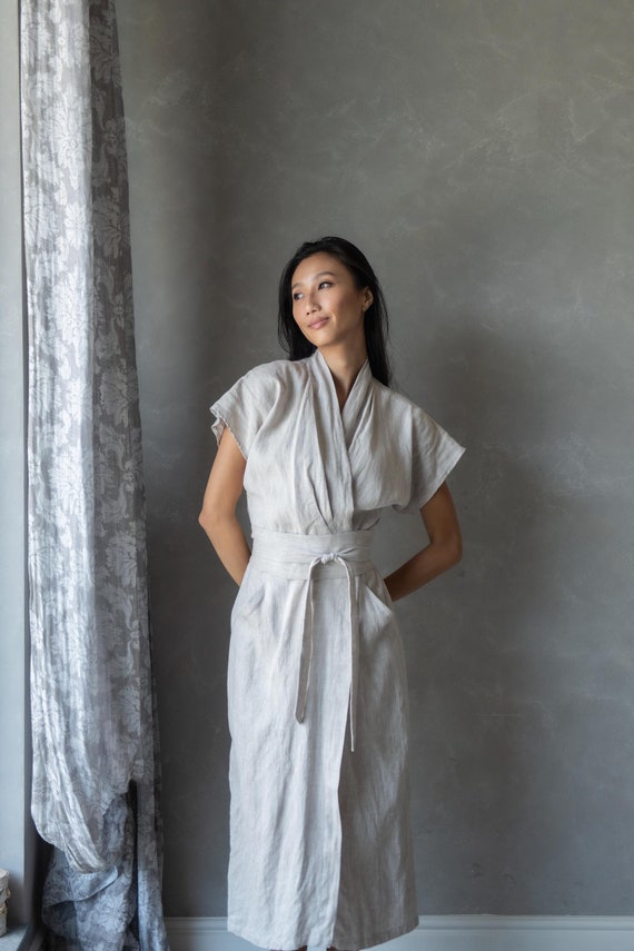kimono linen dress Greek Style Linen Blend Draped Braids Kimono Cover Up Slit Maxi Dress roschic