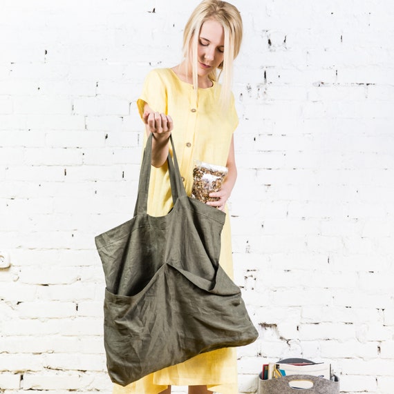Linen tote bag sac cabas tote bag canvas boho bag shoulder bag LT0005