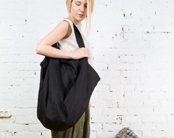 Black tote bag linen beach bag  / Linen shopping bag / Extra large tote bag black