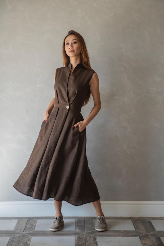 knee length dresses for ladies Stateside Linen Mixed Media High Neck Dress in New Navy - XL - Shop Stateside Dresses