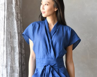 Robe japonaise en lin, Robe portefeuille en lin, Robe d'été en lin DAHLIA, Vêtements japonais en lin