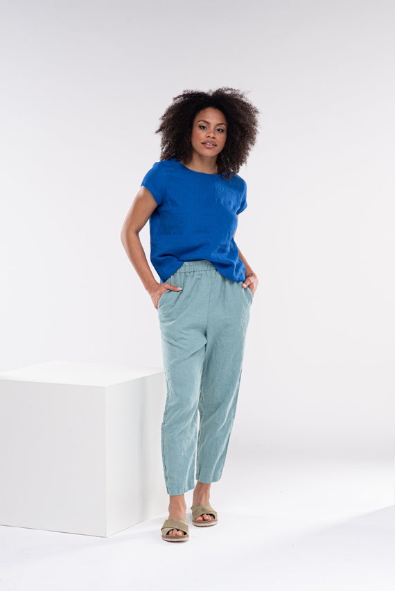 Pantalón Lino CELESTE / Ropa Lino Mujer / Pantalón Talle Alto