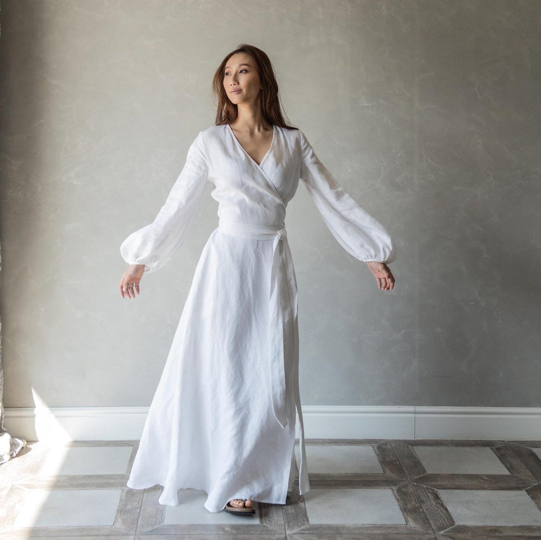 white christmas dresses Francesca Linen Dress - 100% Linen Ruffle Collar with Pockets main image 1