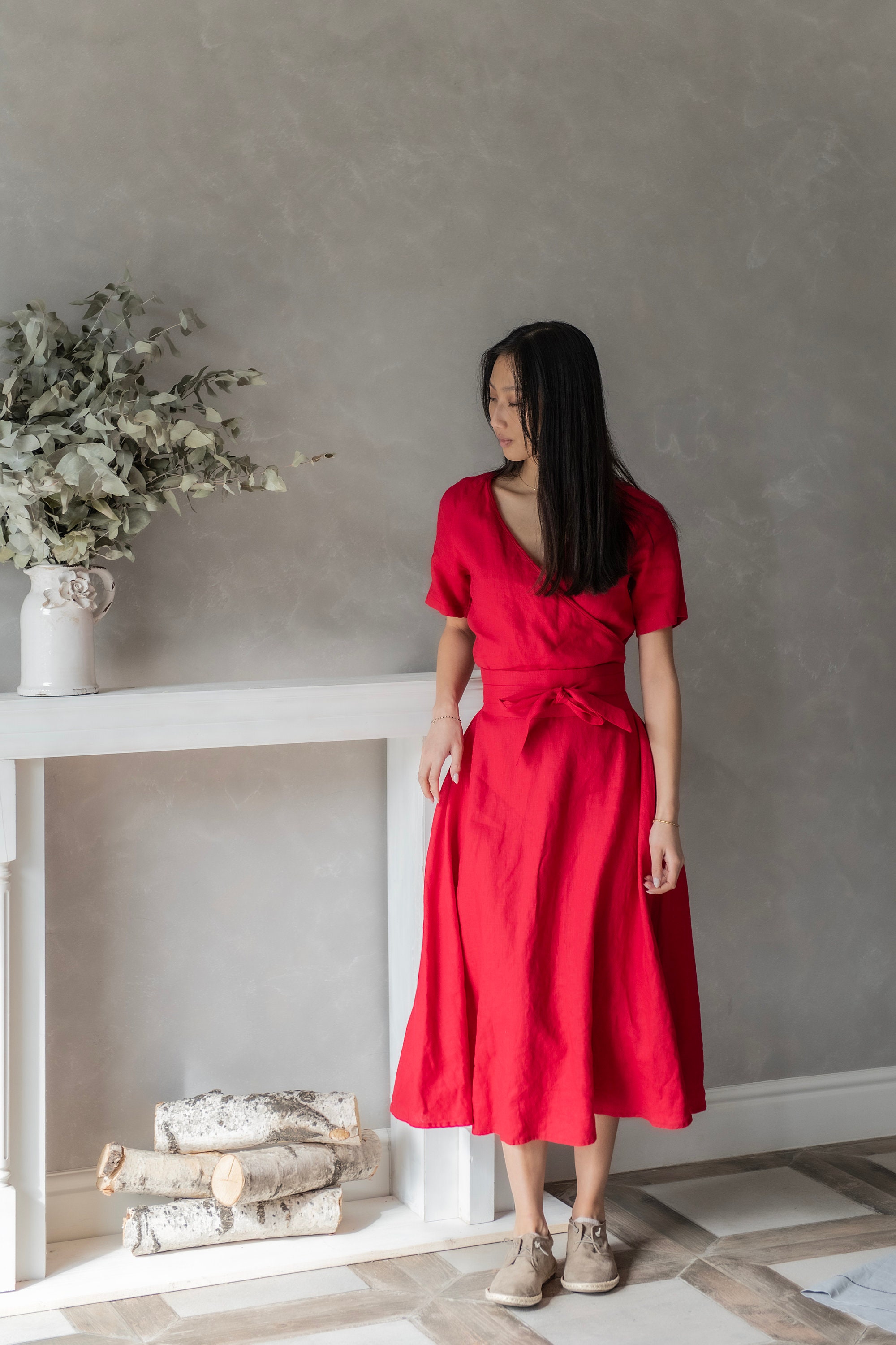 knee length dresses for ladies Annet Linen Blend Midi Dress-Cherry Blush main image 0