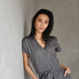 Wrap Jumpsuit Linen, Gray Romper Women, Linen Overalls, Bohemian Jumpsuit for Women AUGUST, Linen Japanese Clothing image 3