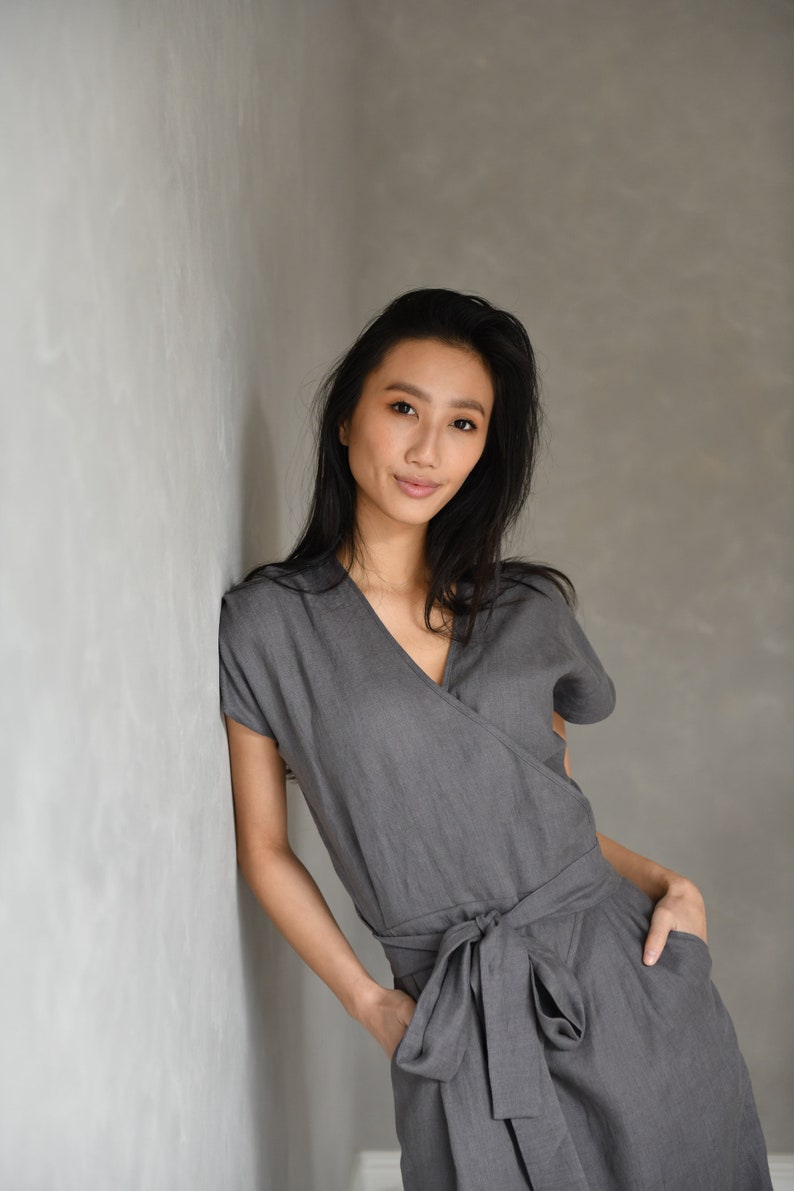 Wrap Jumpsuit Linen, Gray Romper Women, Linen Overalls, Bohemian Jumpsuit for Women AUGUST, Linen Japanese Clothing image 3