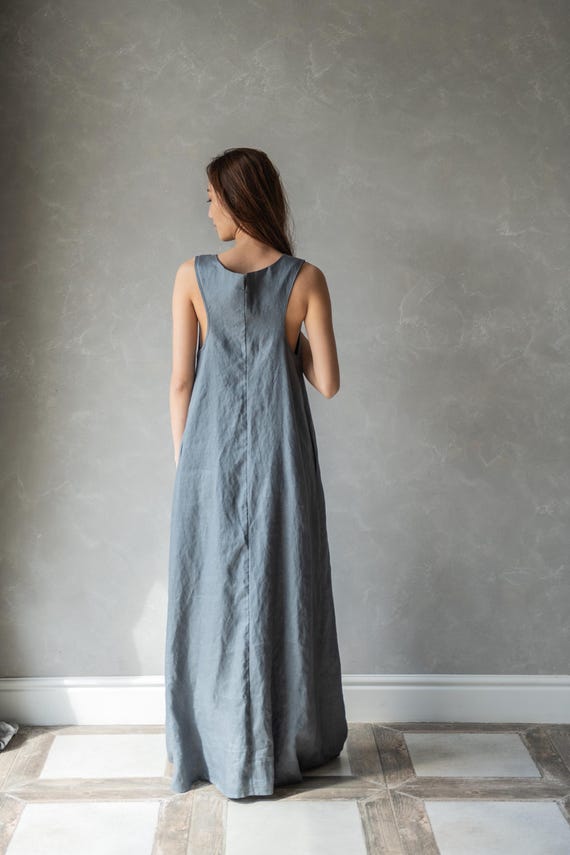 Linen Maxi Dress, Sleeveless Racerback Style , Loose Grey Summer Dress :  LILLIAN - Etsy Israel