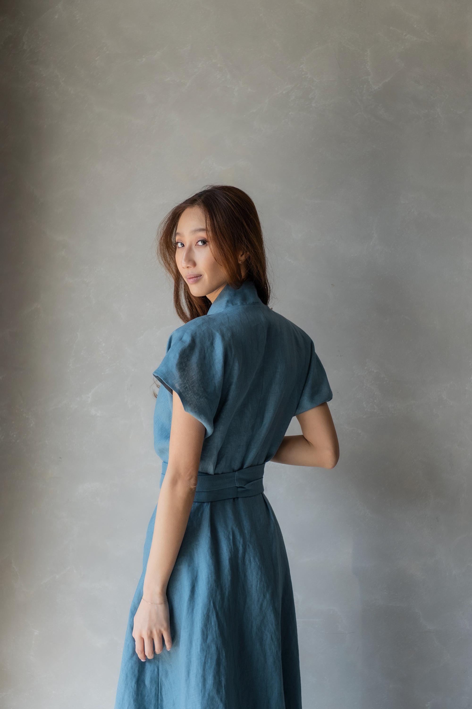 chinese dress ladies Loose Drawing Linen Summer Dresses Women Clothes L / Blue