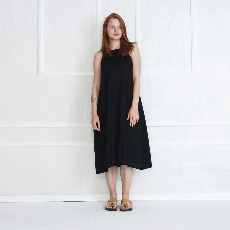 Linen Mid Calf Dress Loose Summer Dress Sleeveless Black Linen Dress