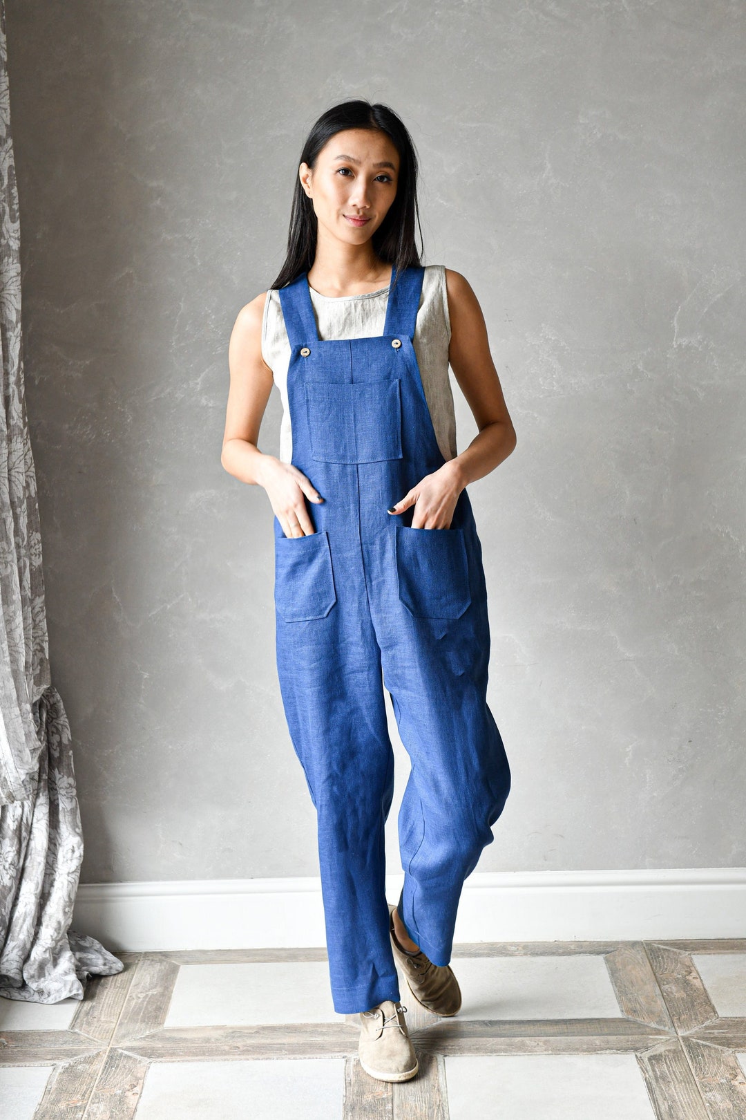 Tuinbroek voor dames, wijde pijpen, jumpsuit met zak, zomer