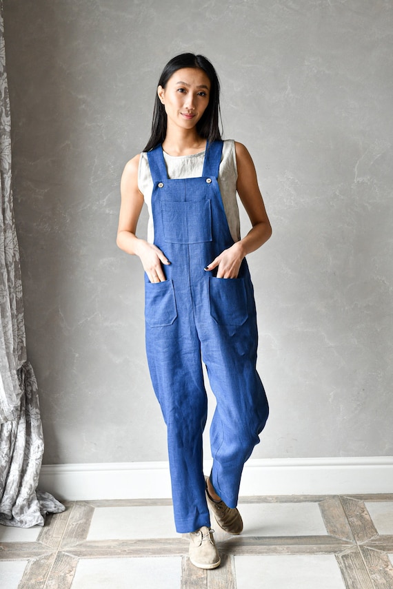 Loose Linen Dungarees, Sleeveless Linen Jumpsuit, Summer Linen Overalls  JUNE, Plus Size Linen Clothes 