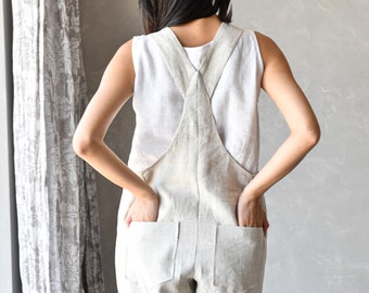 Linen Dungarees Women, Plus Size Linen Jumpsuit, Linen Harem Overalls JUNE, Natural Casual Romper