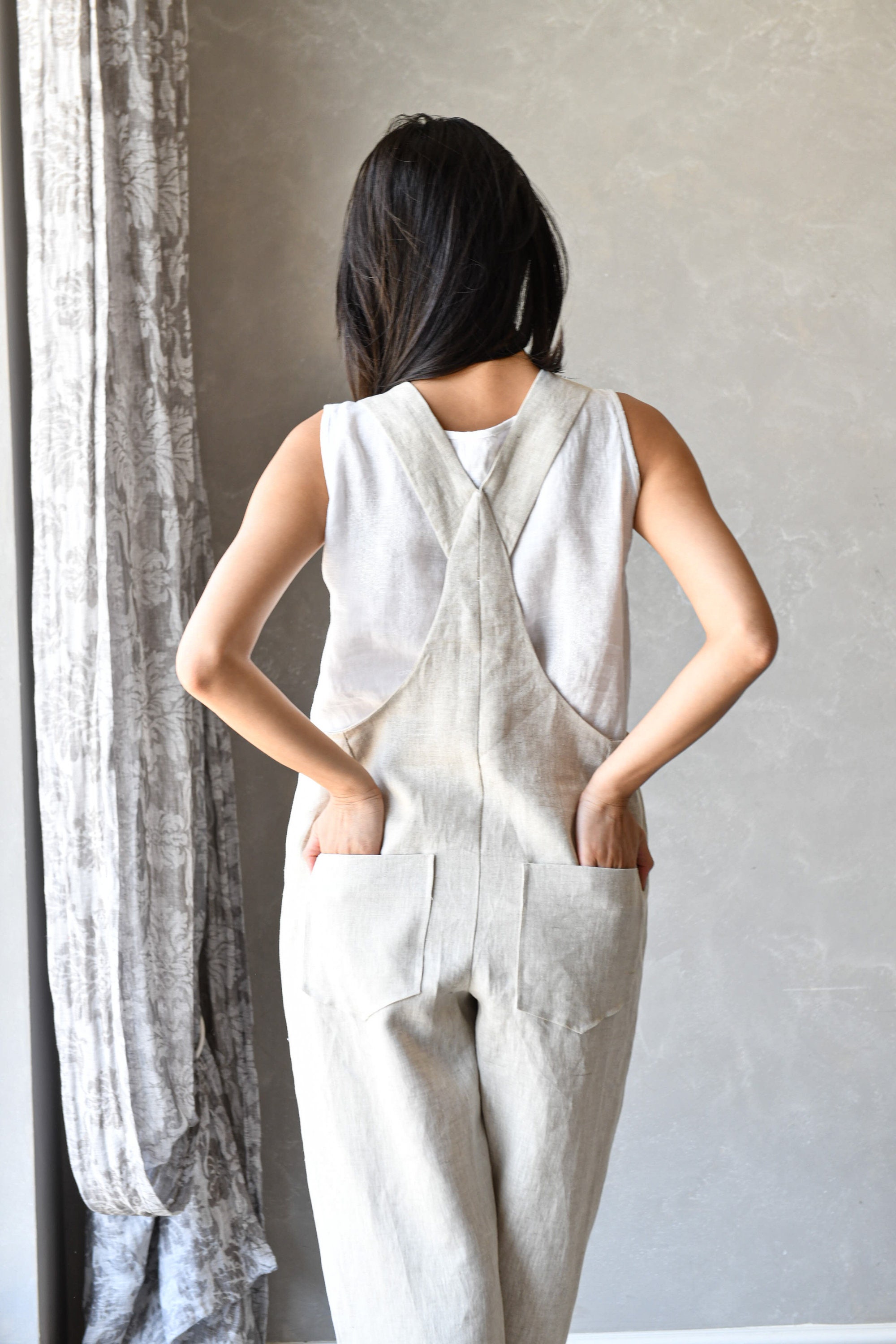 Linen Dungarees Women, Plus Size Linen Jumpsuit, Linen Harem Overalls JUNE,  Natural Casual Romper 