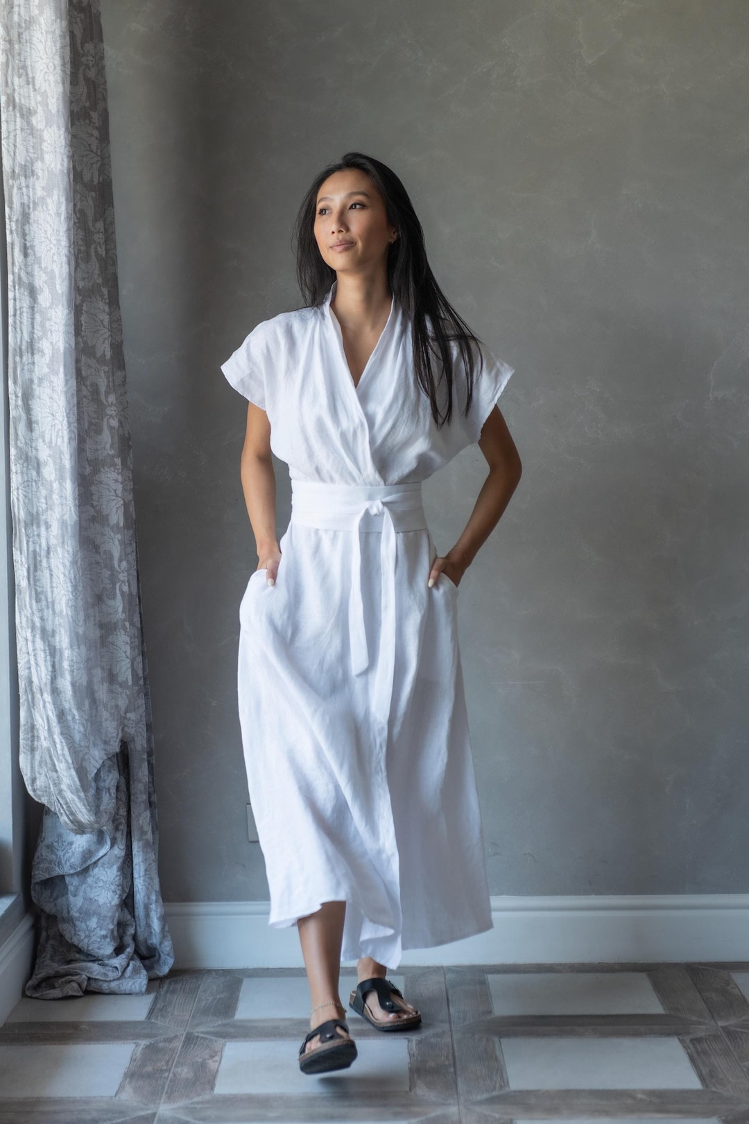 Vestido largo de lino blanco, vestido cruzado de lino, vestido kimono japonés, vestido ajustado y con vuelo, vestido lolita de lino, vestido de boda en la playa EILEEN - Etsy España