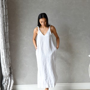 Linen White Slip Dress, Spaghetti Strap Dress, Sleeveless Summer Dress ...