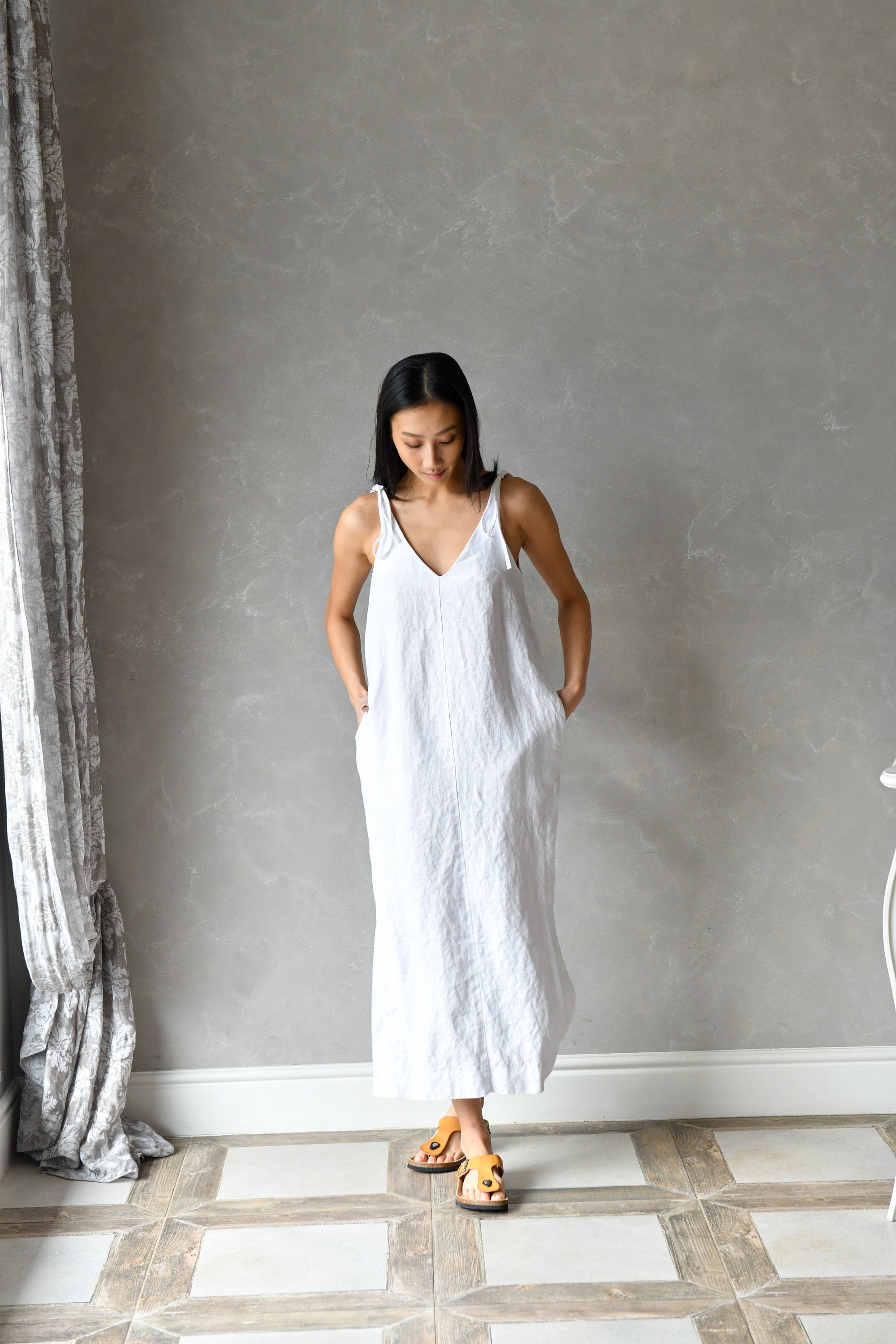 Midi White Linen Slip Dress Midi Linen Slip Dress, White Linen Dress,  Summer Spaghetti Strap Dress,