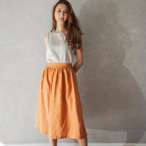 Midi Linen Summer Skirt, Orange Linen Skirt with Pockets, Linen Boho Skirt, Elastic Waist Skirt, Flax Skirt AUBREY, Handmade Linen Clothing